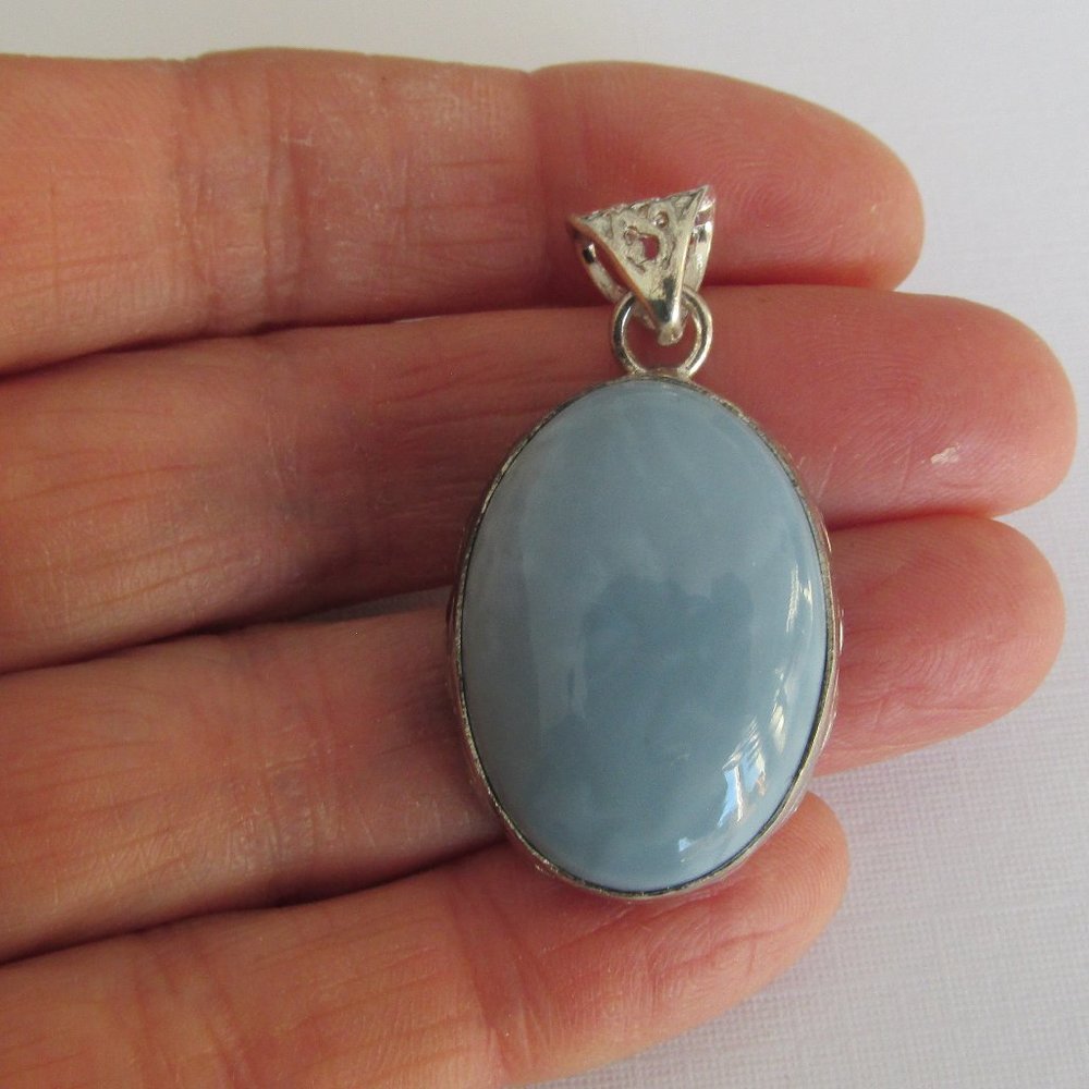 Natural Blue Angelite Gemstone Pendant Oval 925 Sterling Silver